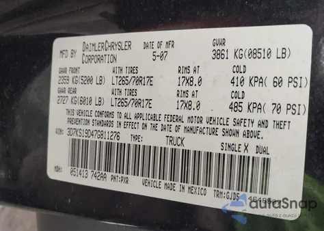 2007 Dodge Ram 1500 Laramie из США, поврежденный, VIN 3D7KS19D47G811276